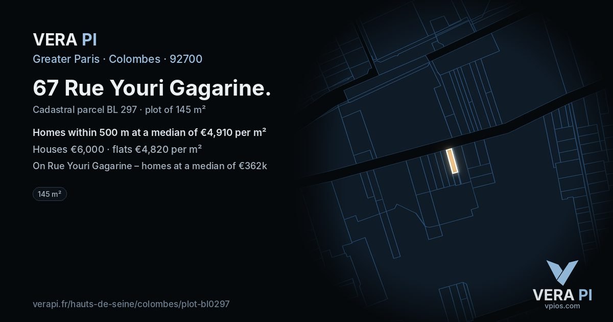 67 Rue Youri Gagarine, Colombes at night – the plot lit, the parcels around coloured by the prices near them