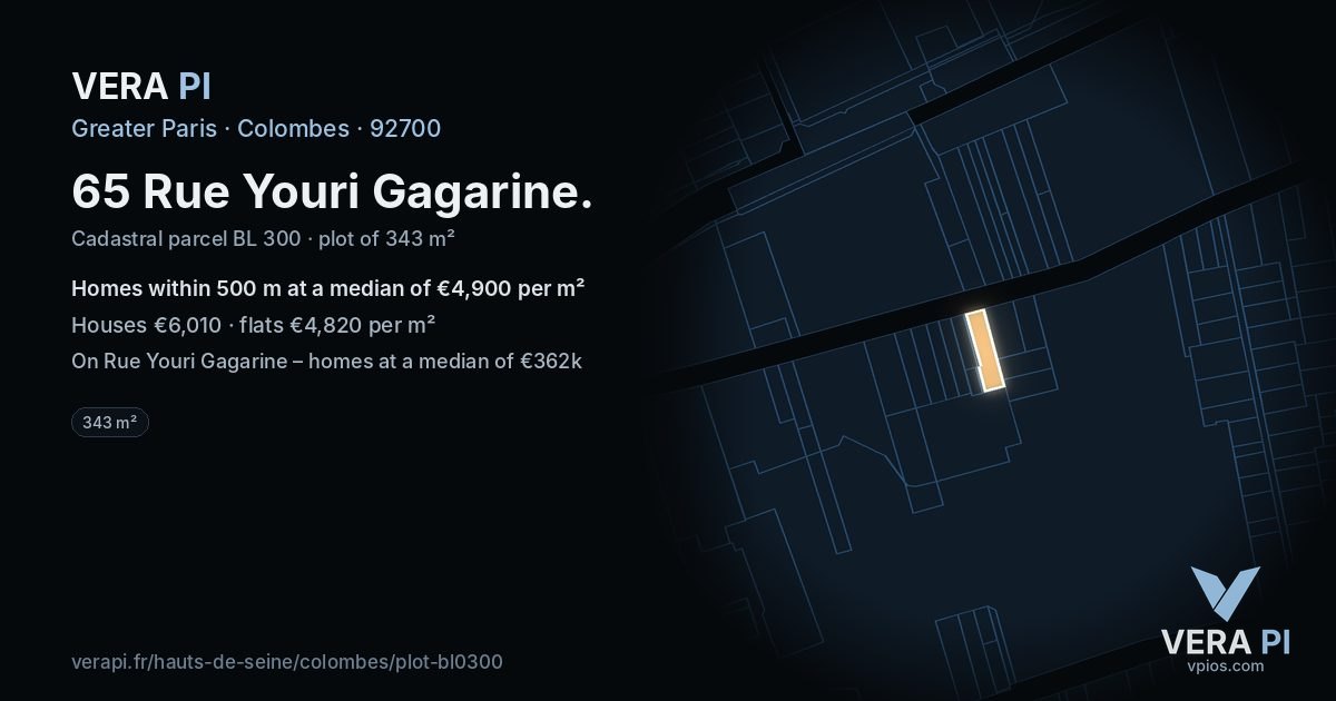 65 Rue Youri Gagarine, Colombes at night – the plot lit, the parcels around coloured by the prices near them