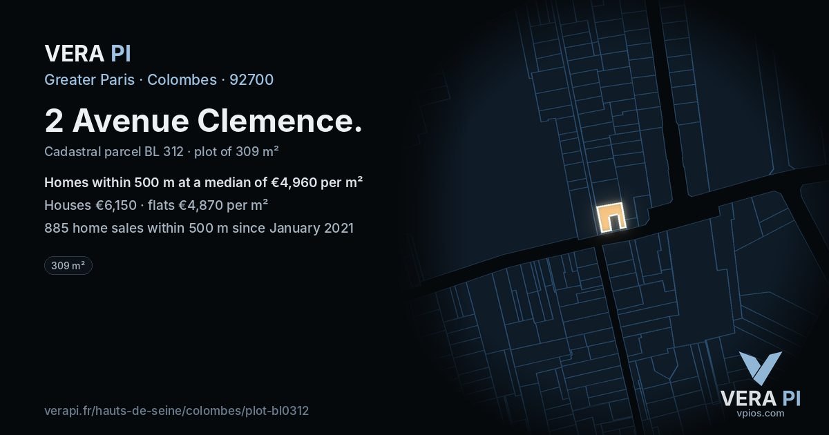 2 Avenue Clemence, Colombes at night – the plot lit, the parcels around coloured by the prices near them