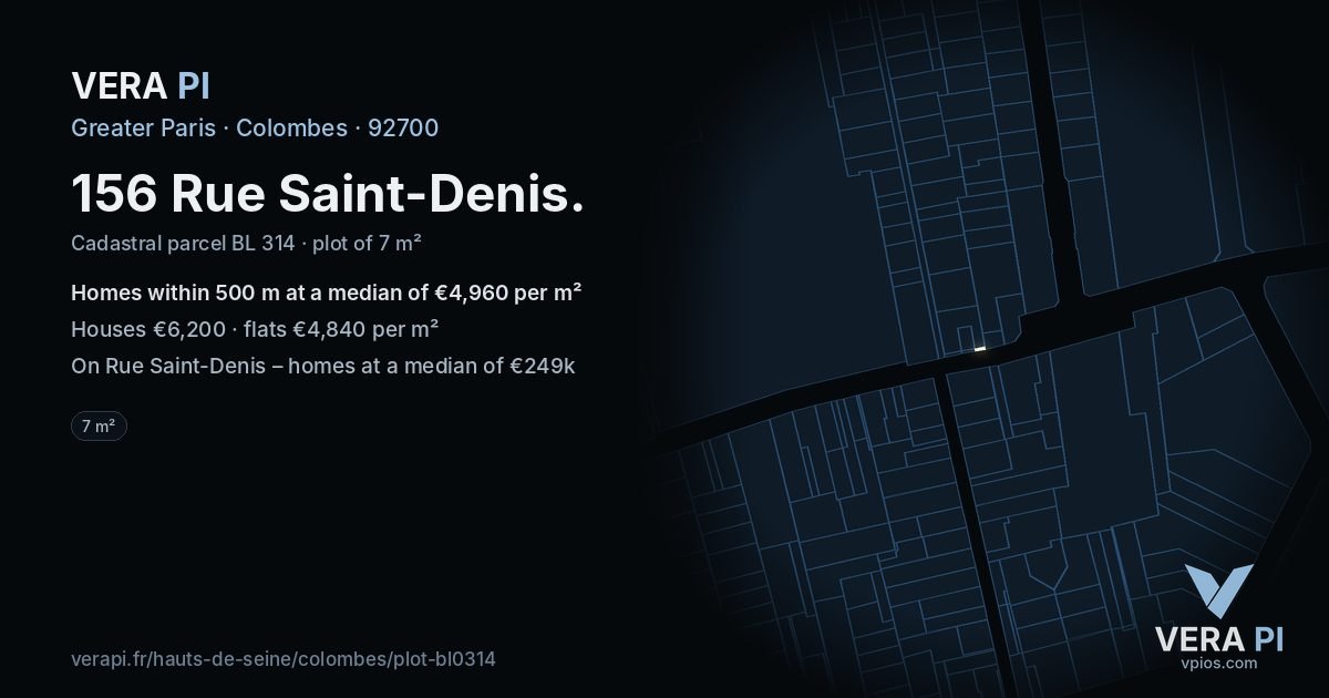156 Rue Saint-Denis, Colombes at night – the plot lit, the parcels around coloured by the prices near them