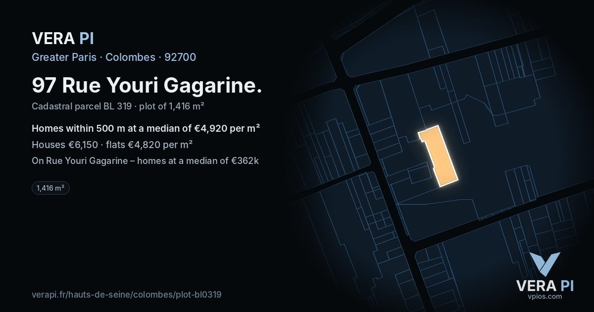 97 Rue Youri Gagarine, Colombes at night – the plot lit, the parcels around coloured by the prices near them