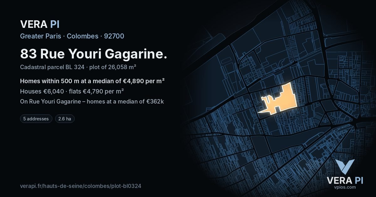 83 Rue Youri Gagarine, Colombes at night – the plot lit, the parcels around coloured by the prices near them