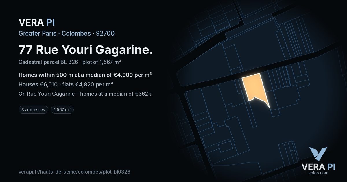 77 Rue Youri Gagarine, Colombes at night – the plot lit, the parcels around coloured by the prices near them