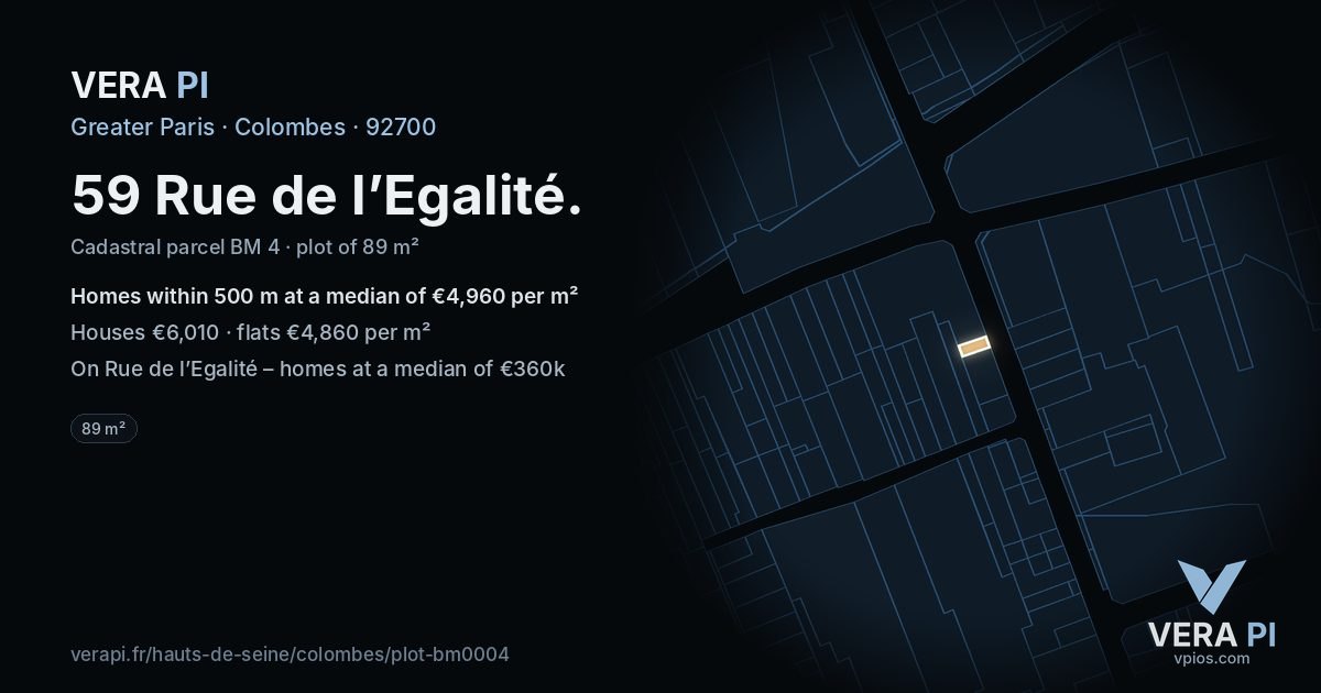 59 Rue de l’Egalité, Colombes at night – the plot lit, the parcels around coloured by the prices near them