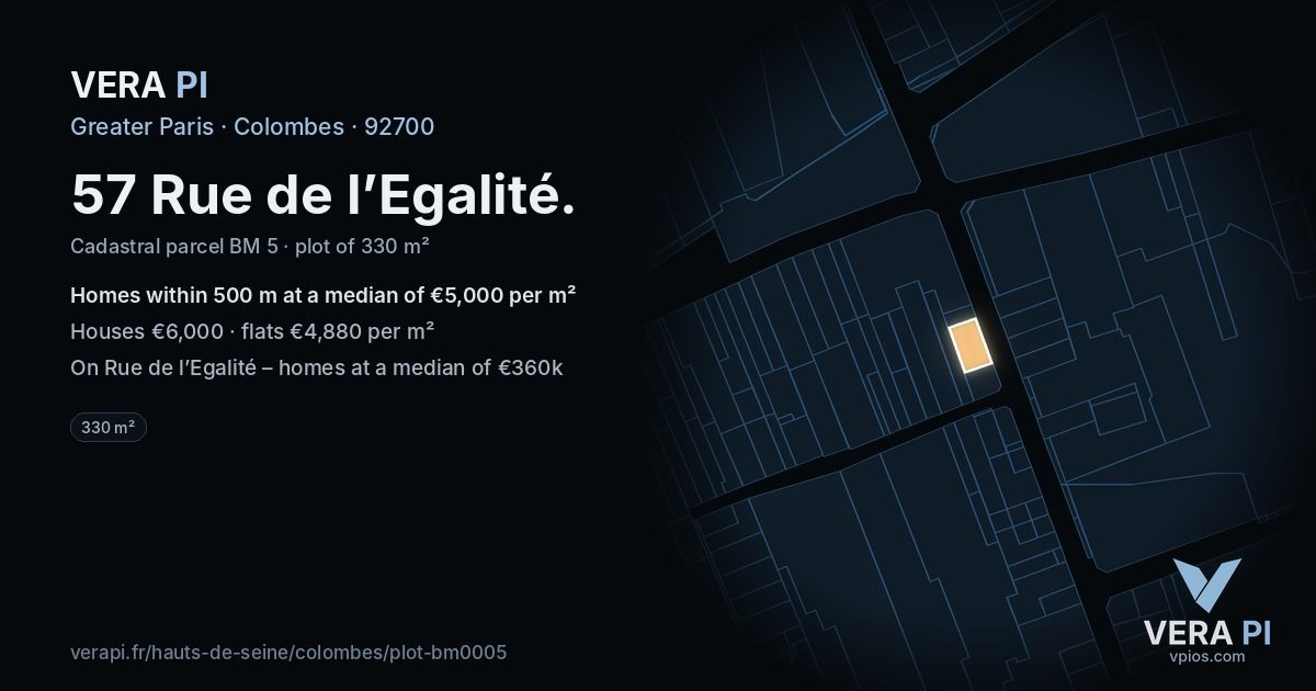 57 Rue de l’Egalité, Colombes at night – the plot lit, the parcels around coloured by the prices near them