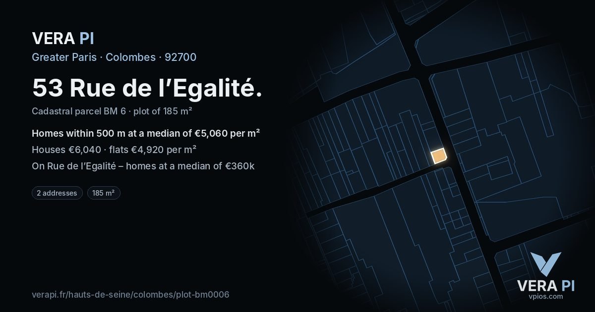 53 Rue de l’Egalité, Colombes at night – the plot lit, the parcels around coloured by the prices near them