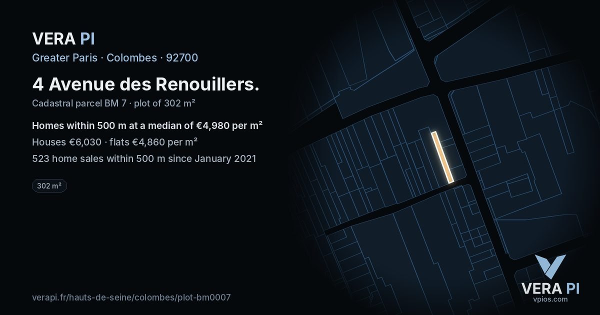4 Avenue des Renouillers, Colombes at night – the plot lit, the parcels around coloured by the prices near them