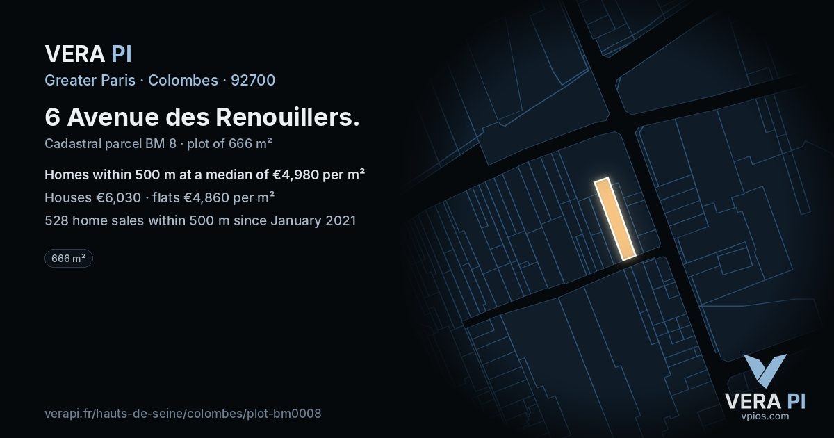 6 Avenue des Renouillers, Colombes at night – the plot lit, the parcels around coloured by the prices near them