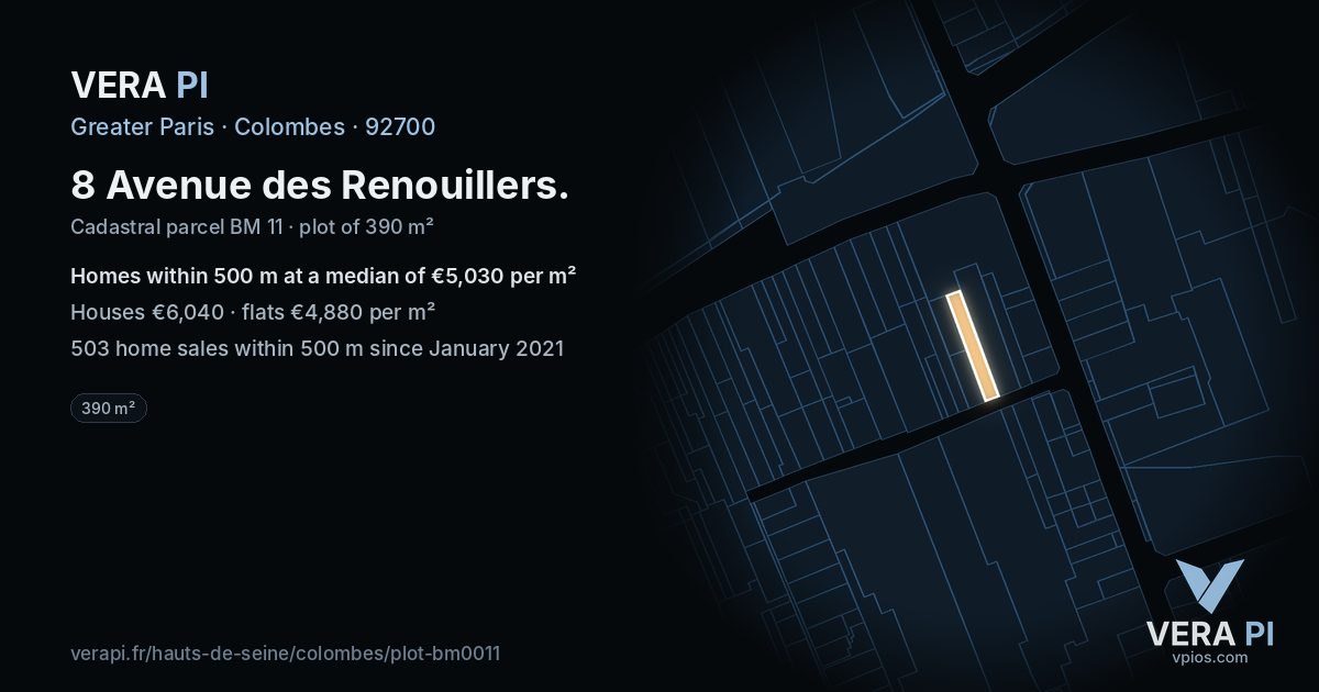 8 Avenue des Renouillers, Colombes at night – the plot lit, the parcels around coloured by the prices near them