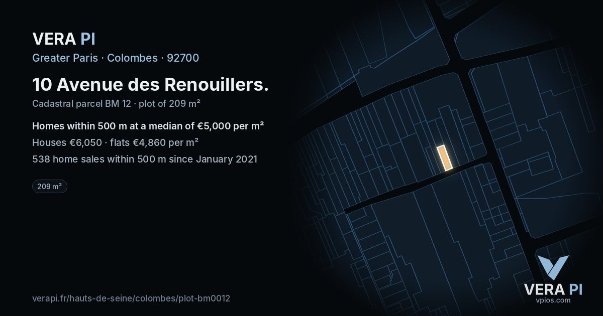 10 Avenue des Renouillers, Colombes at night – the plot lit, the parcels around coloured by the prices near them