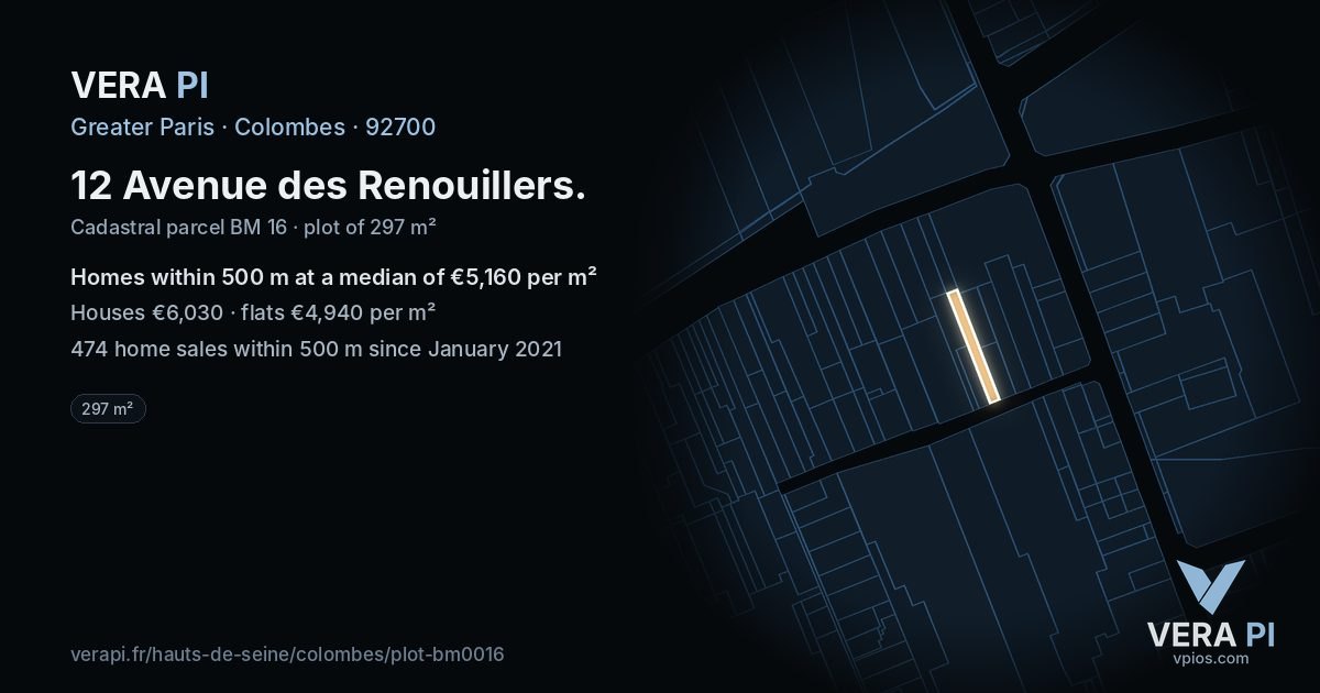 12 Avenue des Renouillers, Colombes at night – the plot lit, the parcels around coloured by the prices near them