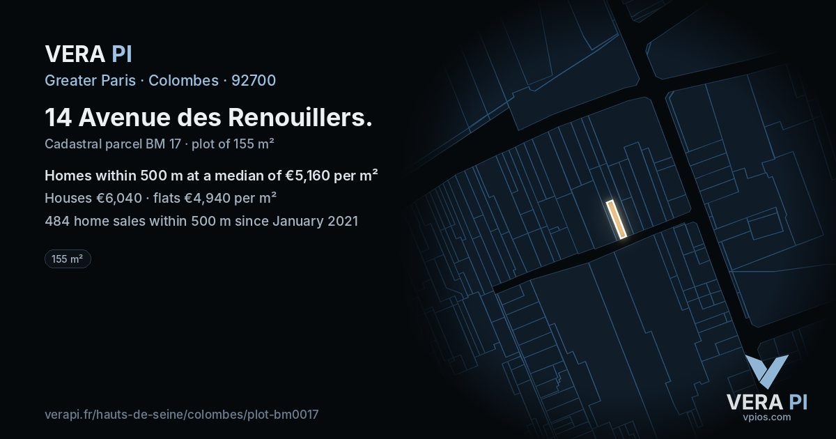 14 Avenue des Renouillers, Colombes at night – the plot lit, the parcels around coloured by the prices near them