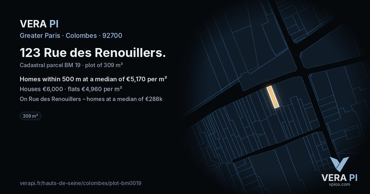 123 Rue des Renouillers, Colombes at night – the plot lit, the parcels around coloured by the prices near them