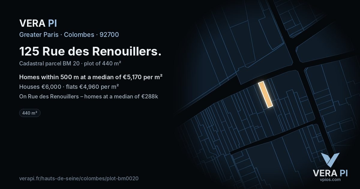 125 Rue des Renouillers, Colombes at night – the plot lit, the parcels around coloured by the prices near them
