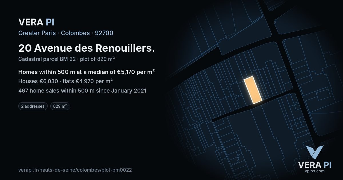 20 Avenue des Renouillers, Colombes at night – the plot lit, the parcels around coloured by the prices near them