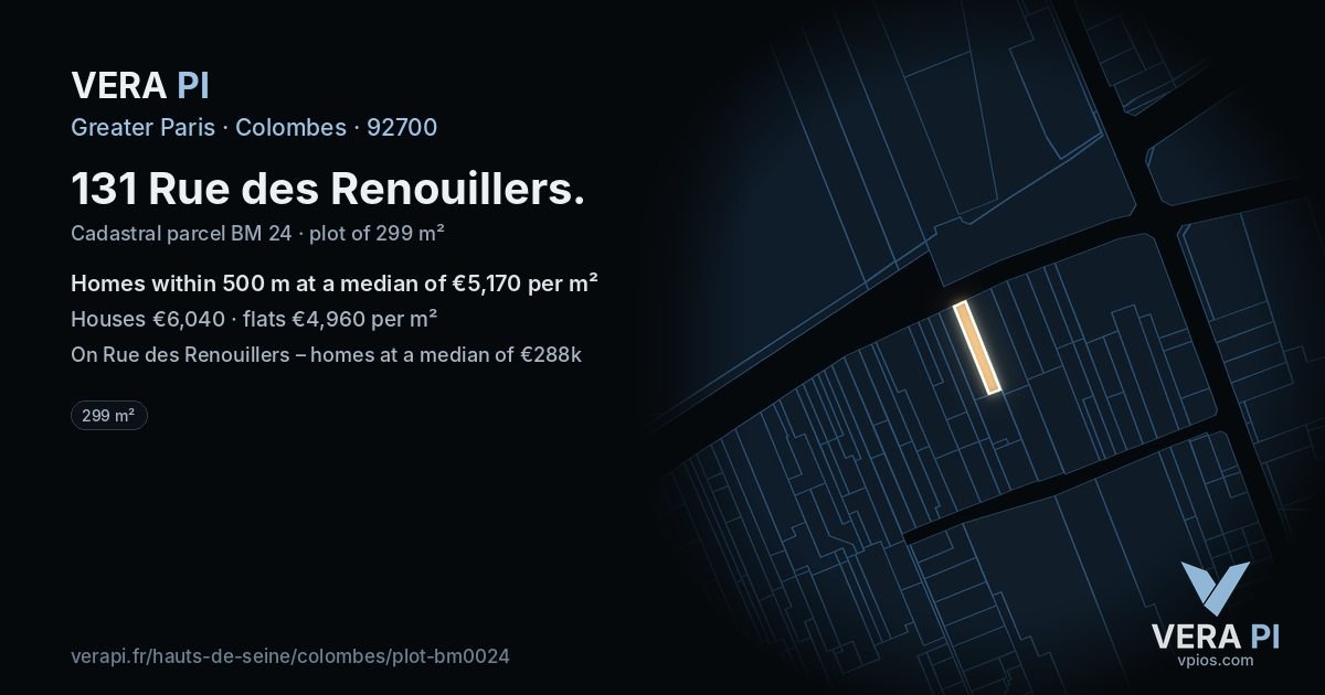 131 Rue des Renouillers, Colombes at night – the plot lit, the parcels around coloured by the prices near them