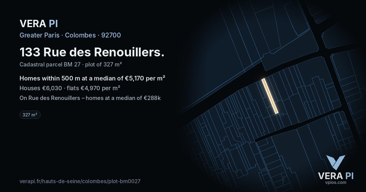 133 Rue des Renouillers, Colombes at night – the plot lit, the parcels around coloured by the prices near them