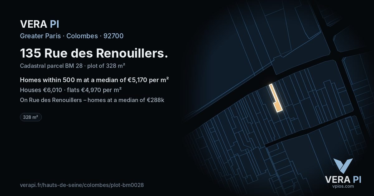 135 Rue des Renouillers, Colombes at night – the plot lit, the parcels around coloured by the prices near them