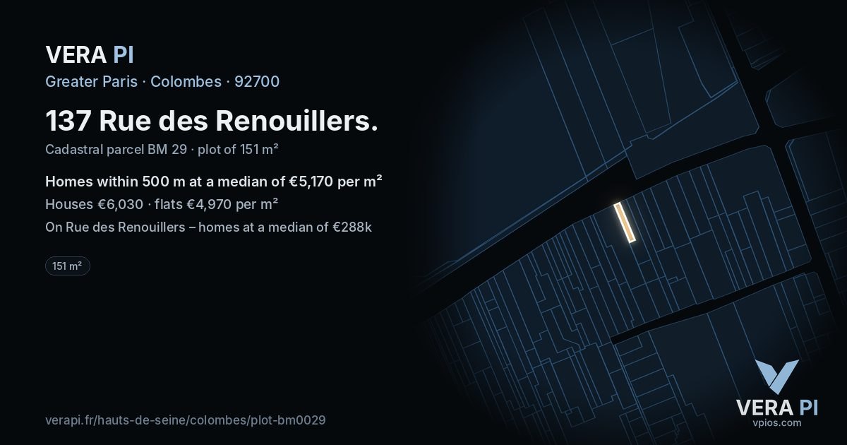137 Rue des Renouillers, Colombes at night – the plot lit, the parcels around coloured by the prices near them
