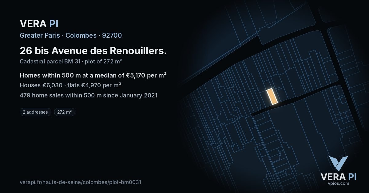 26 bis Avenue des Renouillers, Colombes at night – the plot lit, the parcels around coloured by the prices near them
