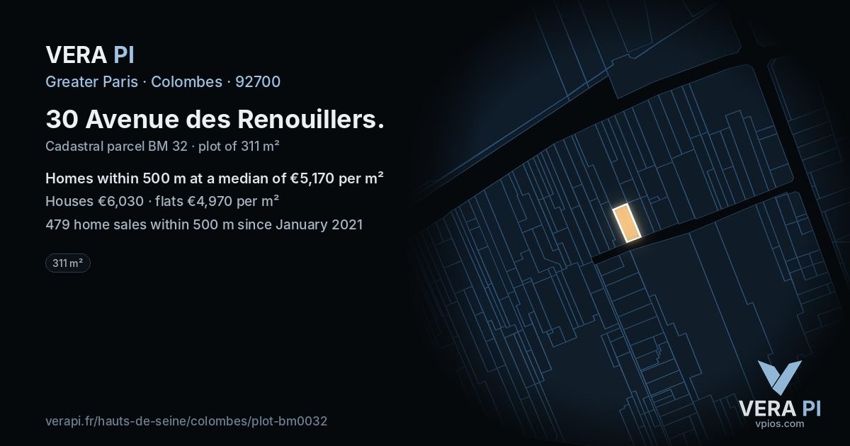 30 Avenue des Renouillers, Colombes at night – the plot lit, the parcels around coloured by the prices near them