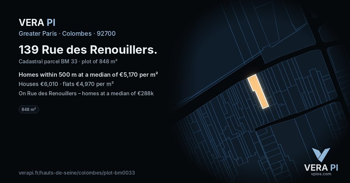 139 Rue des Renouillers, Colombes at night – the plot lit, the parcels around coloured by the prices near them