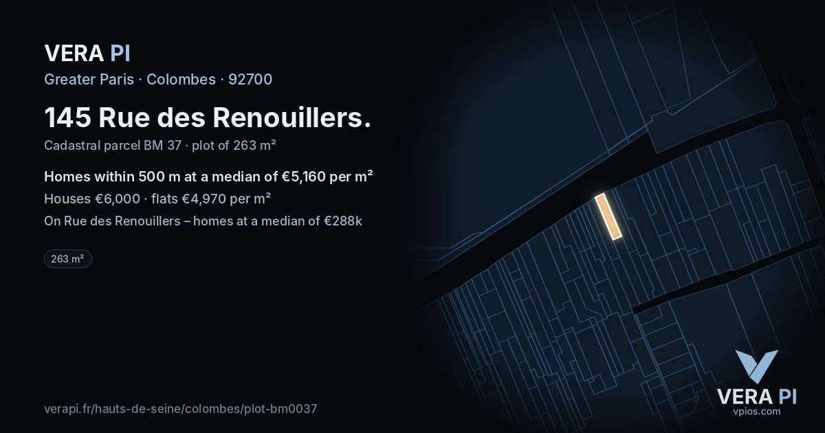 145 Rue des Renouillers, Colombes at night – the plot lit, the parcels around coloured by the prices near them