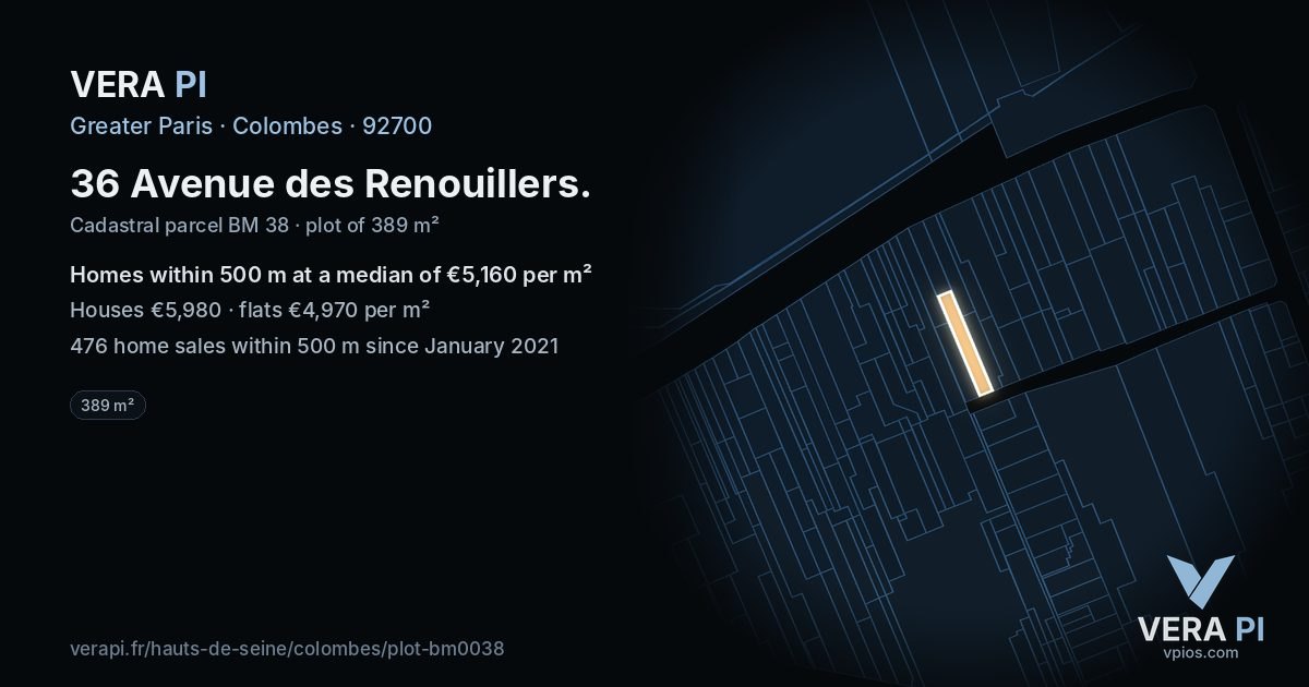 36 Avenue des Renouillers, Colombes at night – the plot lit, the parcels around coloured by the prices near them