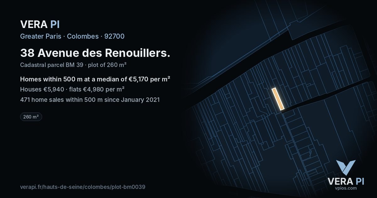 38 Avenue des Renouillers, Colombes at night – the plot lit, the parcels around coloured by the prices near them