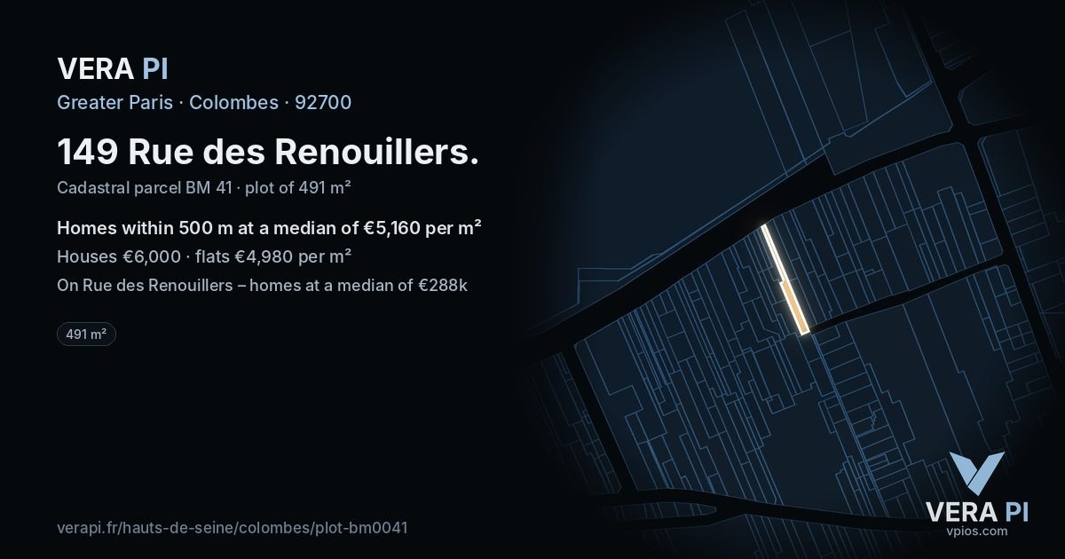 149 Rue des Renouillers, Colombes at night – the plot lit, the parcels around coloured by the prices near them