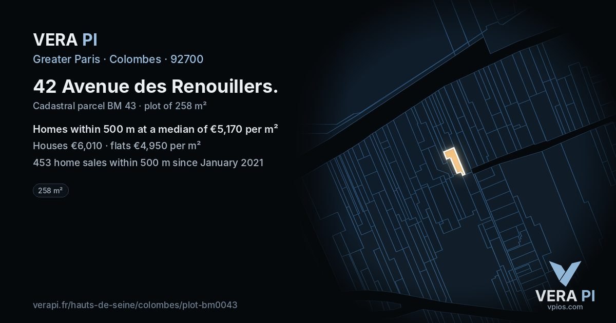 42 Avenue des Renouillers, Colombes at night – the plot lit, the parcels around coloured by the prices near them