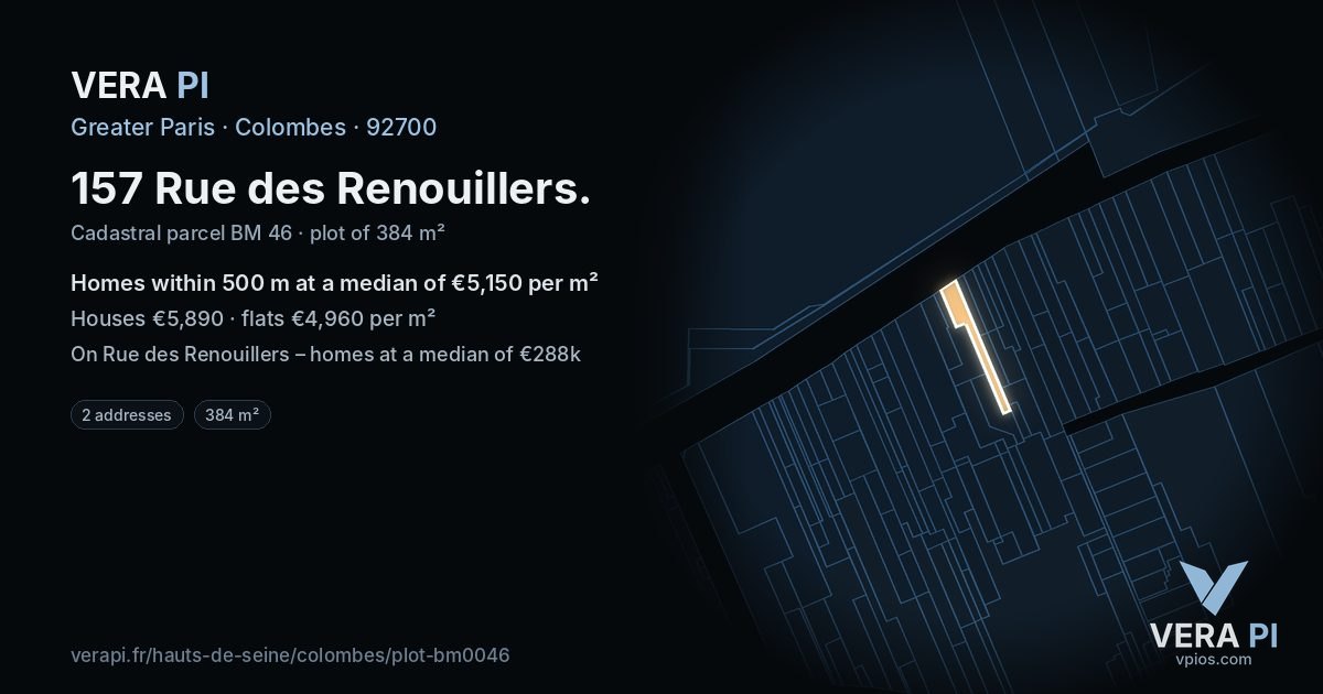 157 Rue des Renouillers, Colombes at night – the plot lit, the parcels around coloured by the prices near them