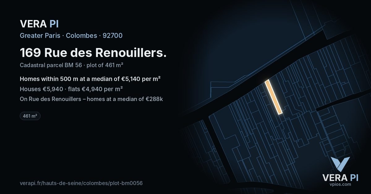 169 Rue des Renouillers, Colombes at night – the plot lit, the parcels around coloured by the prices near them