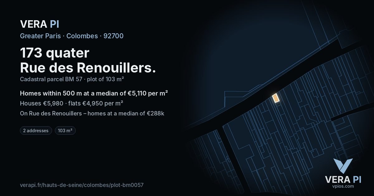 173 quater Rue des Renouillers, Colombes at night – the plot lit, the parcels around coloured by the prices near them