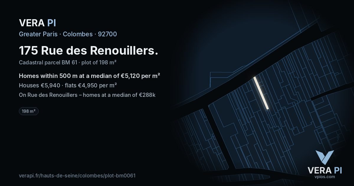 175 Rue des Renouillers, Colombes at night – the plot lit, the parcels around coloured by the prices near them
