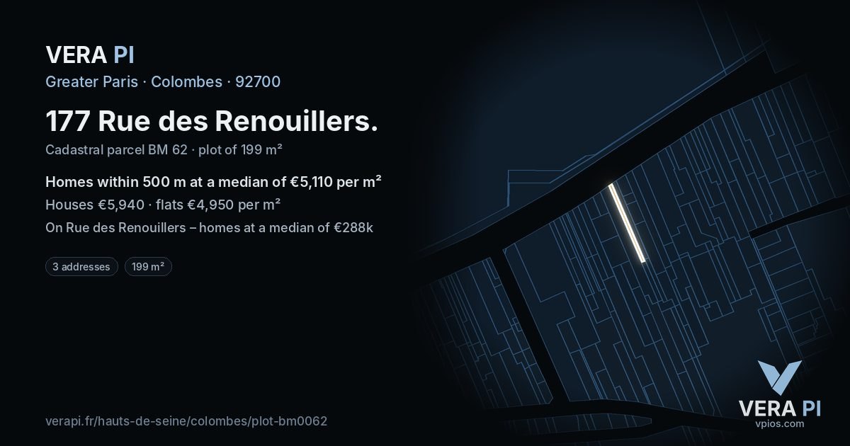 177 Rue des Renouillers, Colombes at night – the plot lit, the parcels around coloured by the prices near them