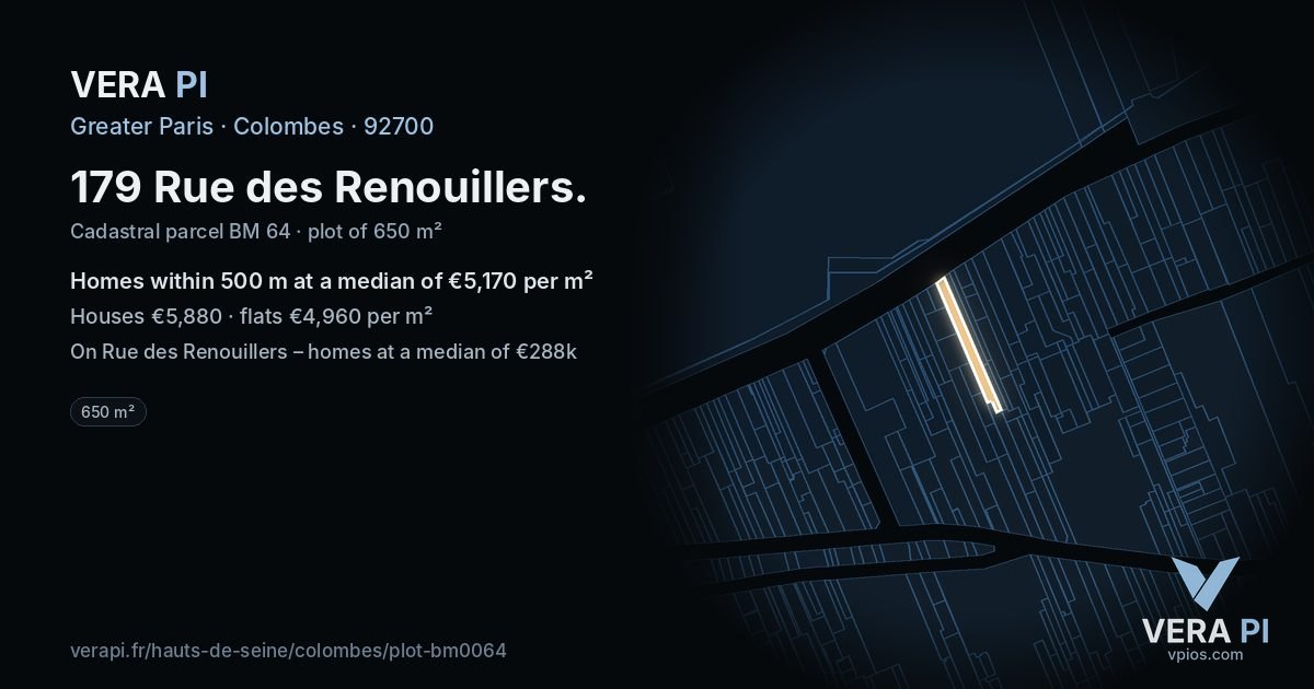179 Rue des Renouillers, Colombes at night – the plot lit, the parcels around coloured by the prices near them