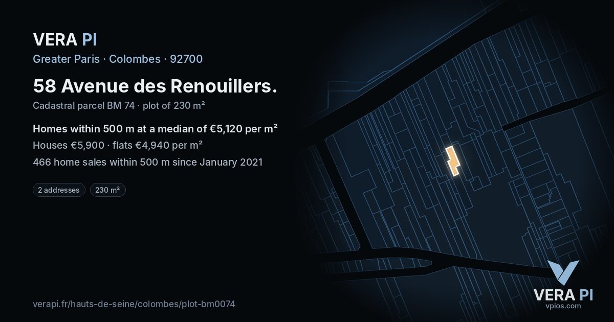 58 Avenue des Renouillers, Colombes at night – the plot lit, the parcels around coloured by the prices near them