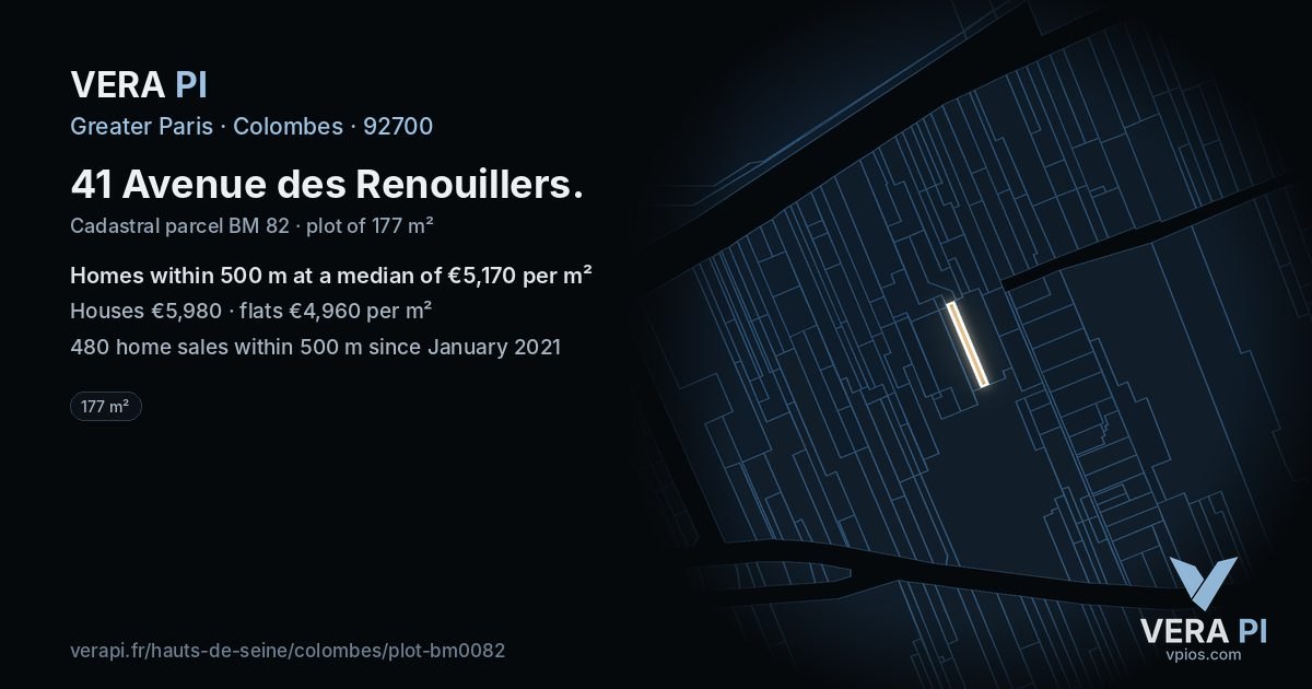41 Avenue des Renouillers, Colombes at night – the plot lit, the parcels around coloured by the prices near them