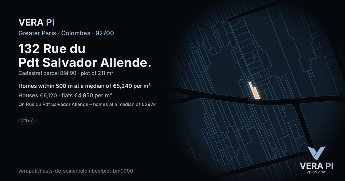 132 Rue du Pdt Salvador Allende, Colombes at night – the plot lit, the parcels around coloured by the prices near them