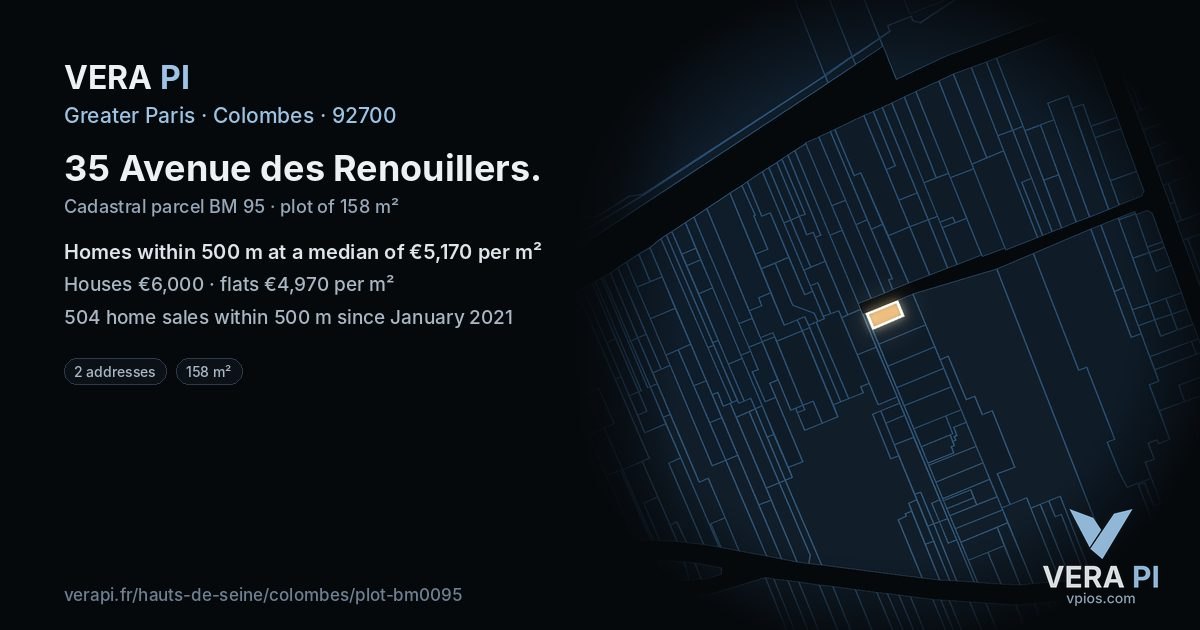 35 Avenue des Renouillers, Colombes at night – the plot lit, the parcels around coloured by the prices near them