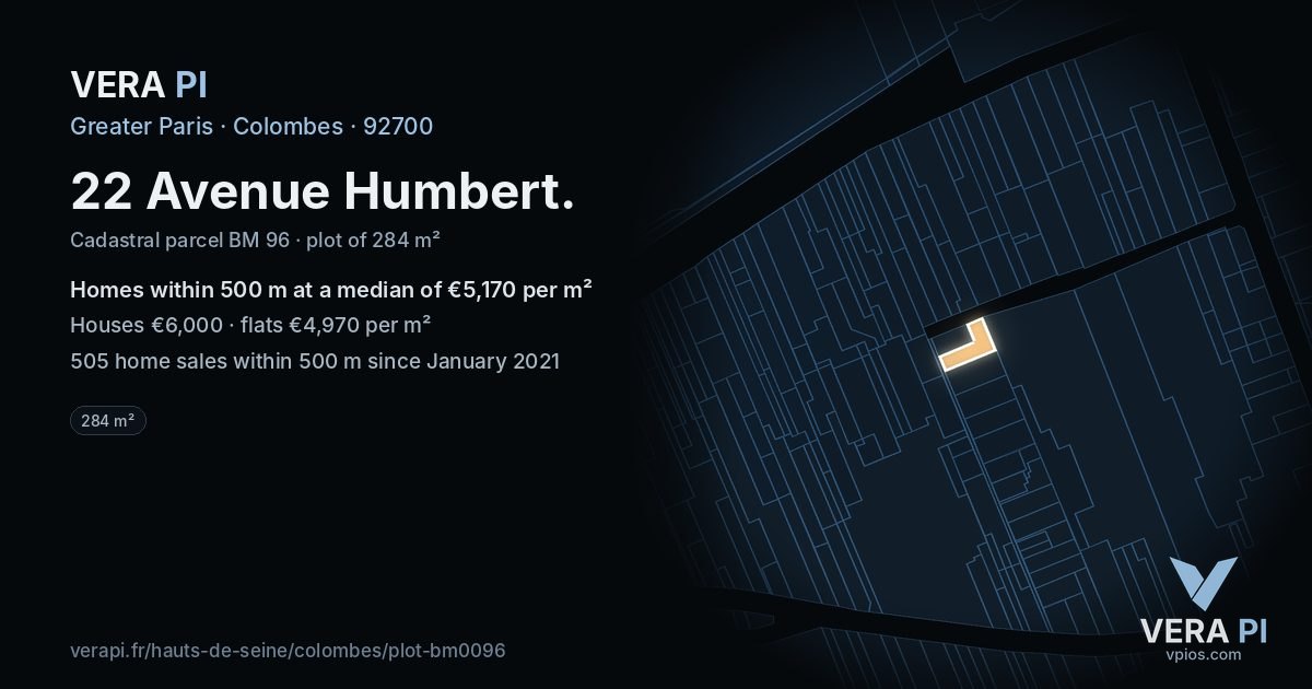 22 Avenue Humbert, Colombes at night – the plot lit, the parcels around coloured by the prices near them