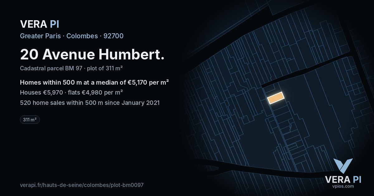 20 Avenue Humbert, Colombes at night – the plot lit, the parcels around coloured by the prices near them