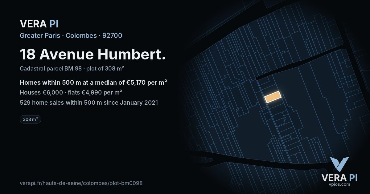 18 Avenue Humbert, Colombes at night – the plot lit, the parcels around coloured by the prices near them