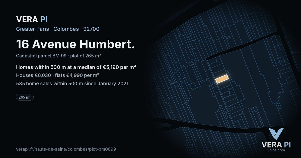16 Avenue Humbert, Colombes at night – the plot lit, the parcels around coloured by the prices near them