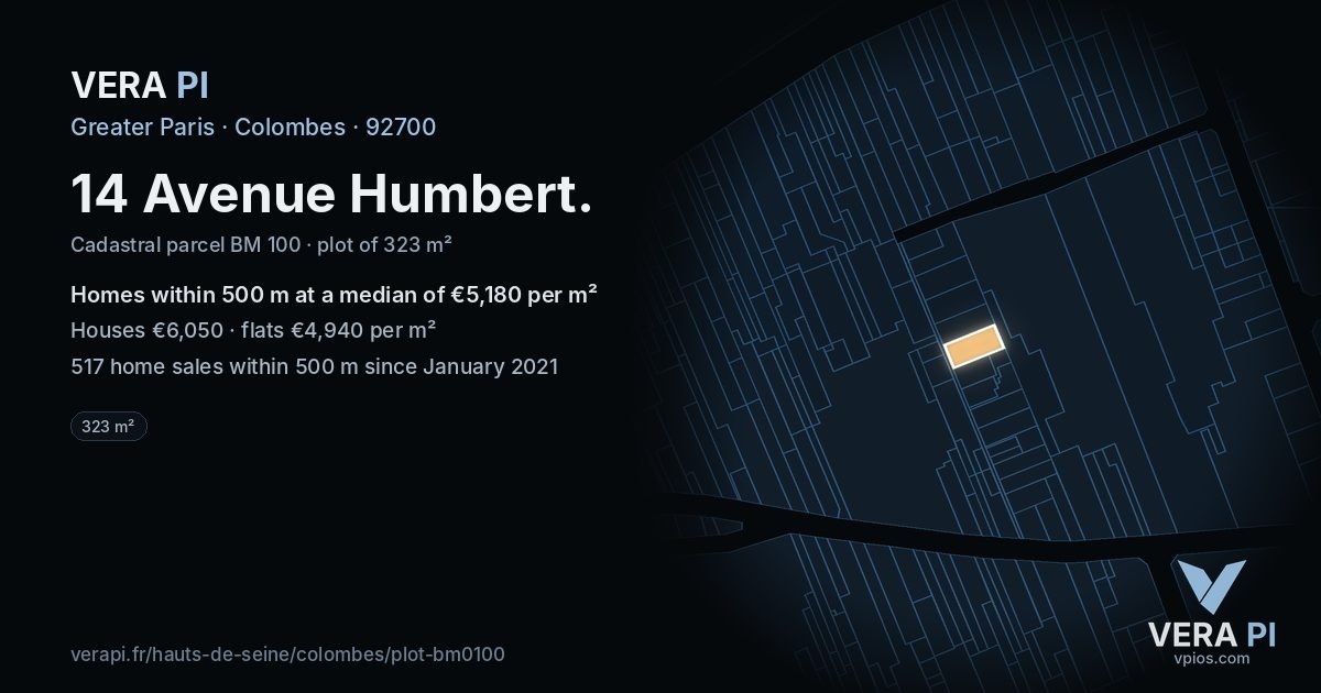 14 Avenue Humbert, Colombes at night – the plot lit, the parcels around coloured by the prices near them