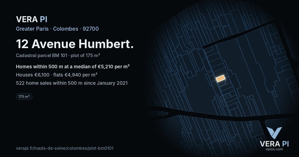 12 Avenue Humbert, Colombes at night – the plot lit, the parcels around coloured by the prices near them
