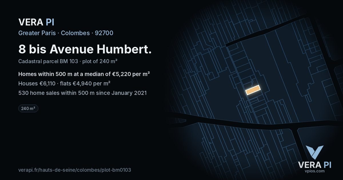 8 bis Avenue Humbert, Colombes at night – the plot lit, the parcels around coloured by the prices near them