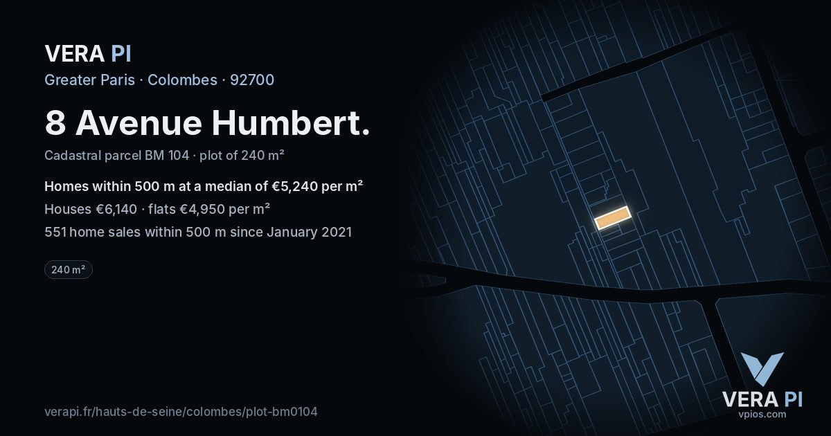 8 Avenue Humbert, Colombes at night – the plot lit, the parcels around coloured by the prices near them