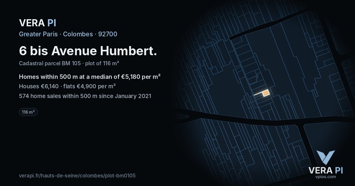 6 bis Avenue Humbert, Colombes at night – the plot lit, the parcels around coloured by the prices near them